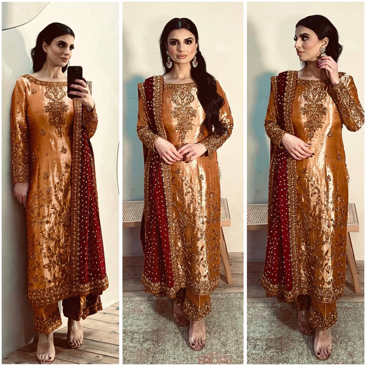 Golden And Silver Embroidered Silk Suit with Red Bridal Dupatta Touch