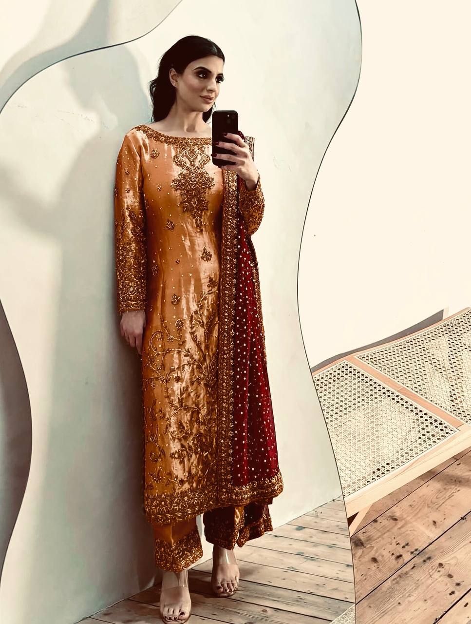 Golden And Silver Embroidered Silk Suit with Red Bridal Dupatta Touch