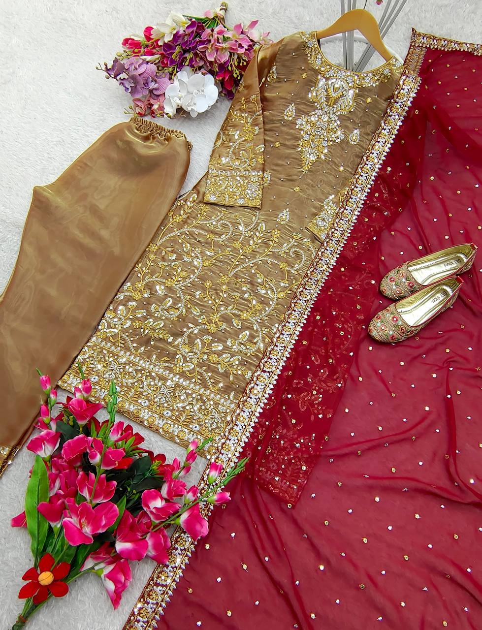 Golden And Silver Embroidered Silk Suit with Red Bridal Dupatta Touch