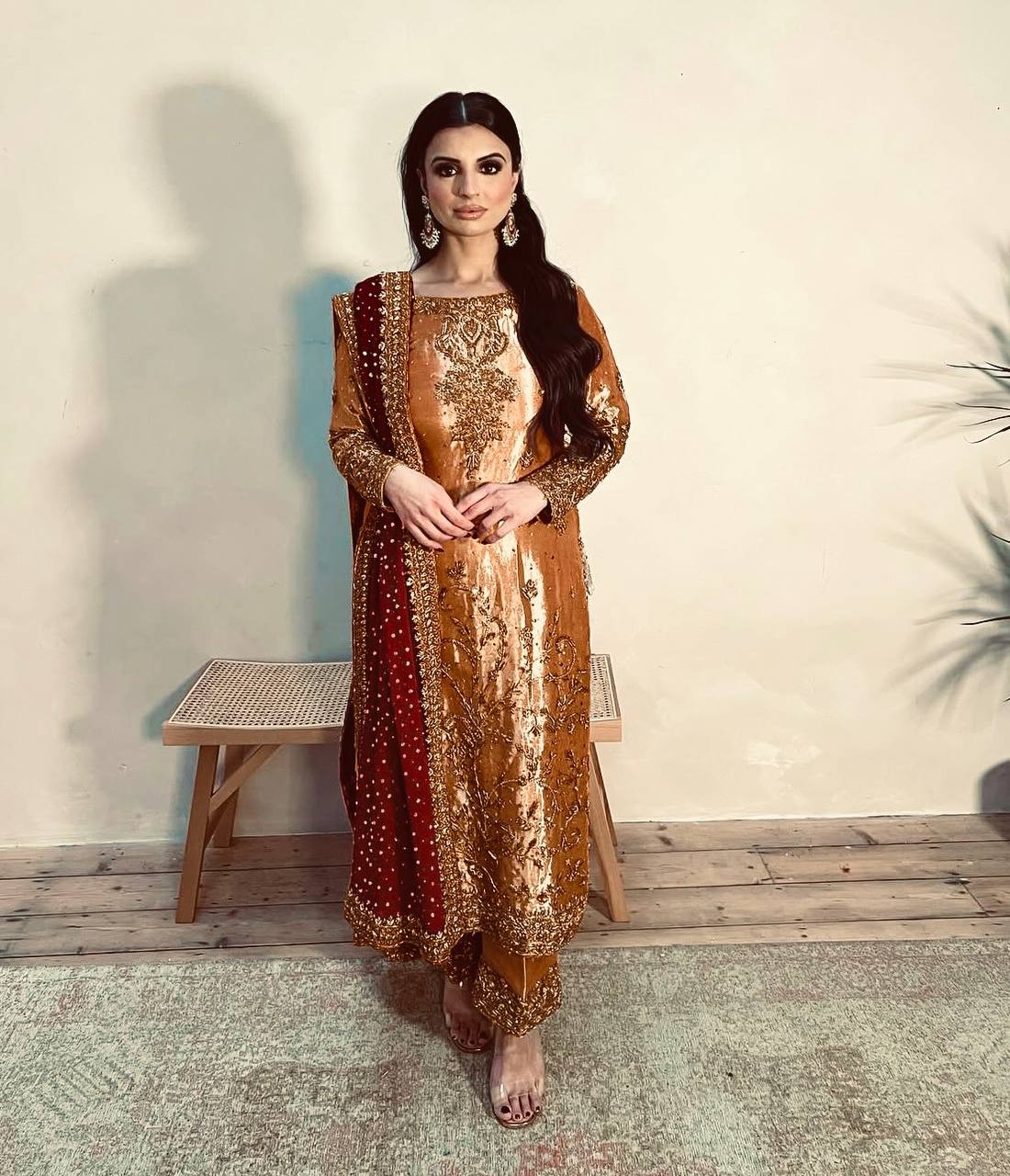 Golden And Silver Embroidered Silk Suit with Red Bridal Dupatta Touch