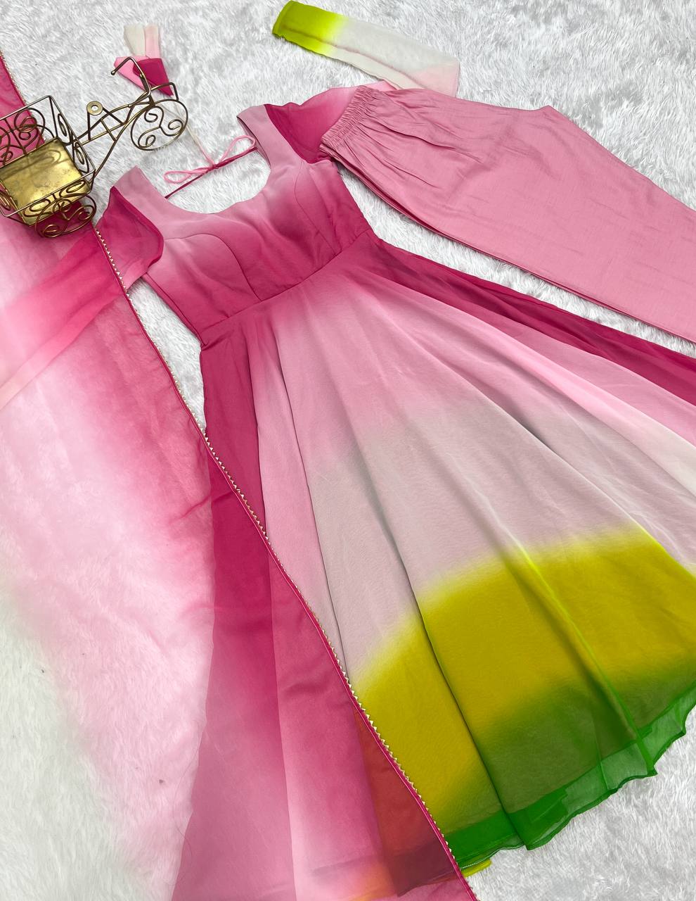 Anarkali Suit with Multicolor Ombre Dupatta Charm