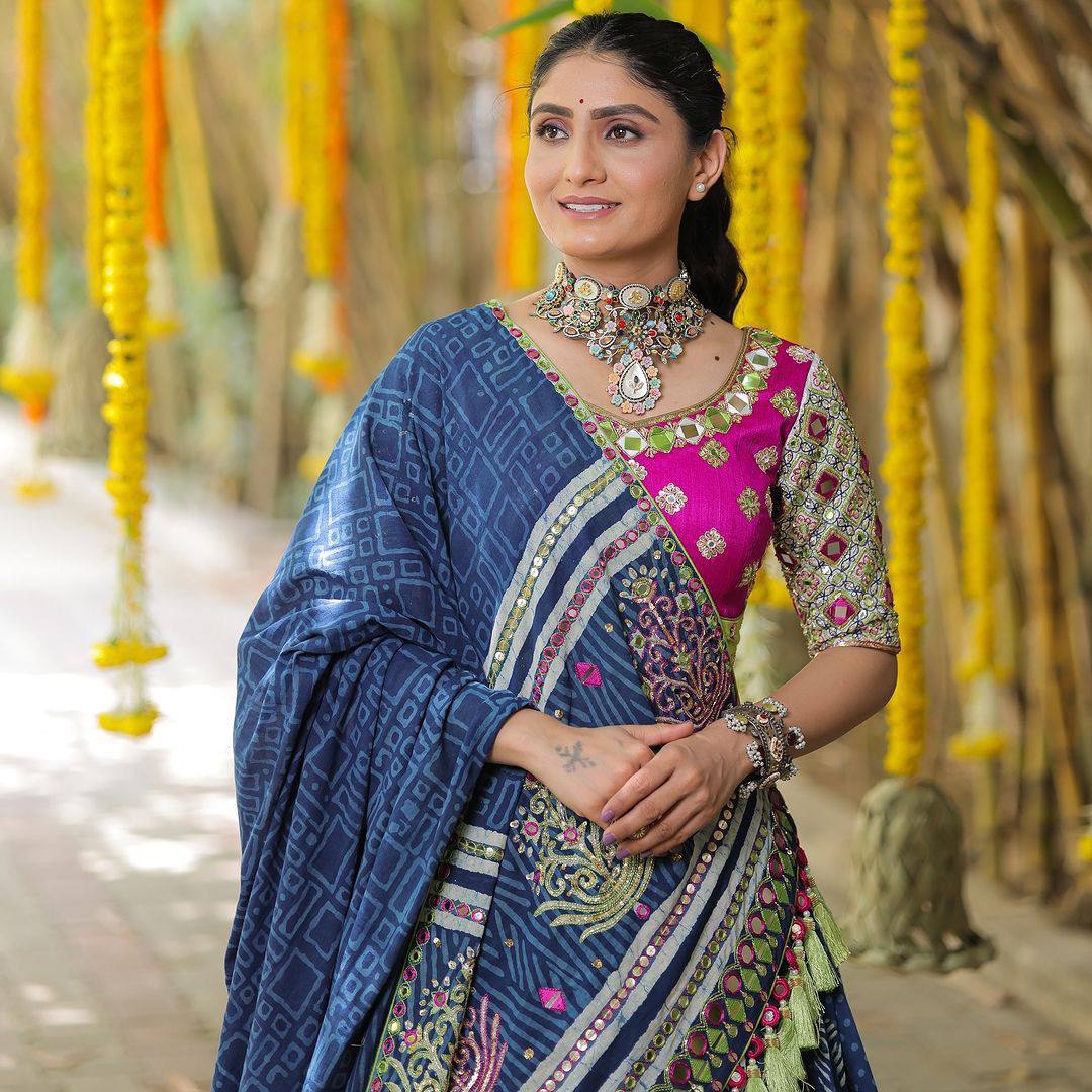 Bold Indigo Lehenga Set with Geometric Print and Embroidery Highlights