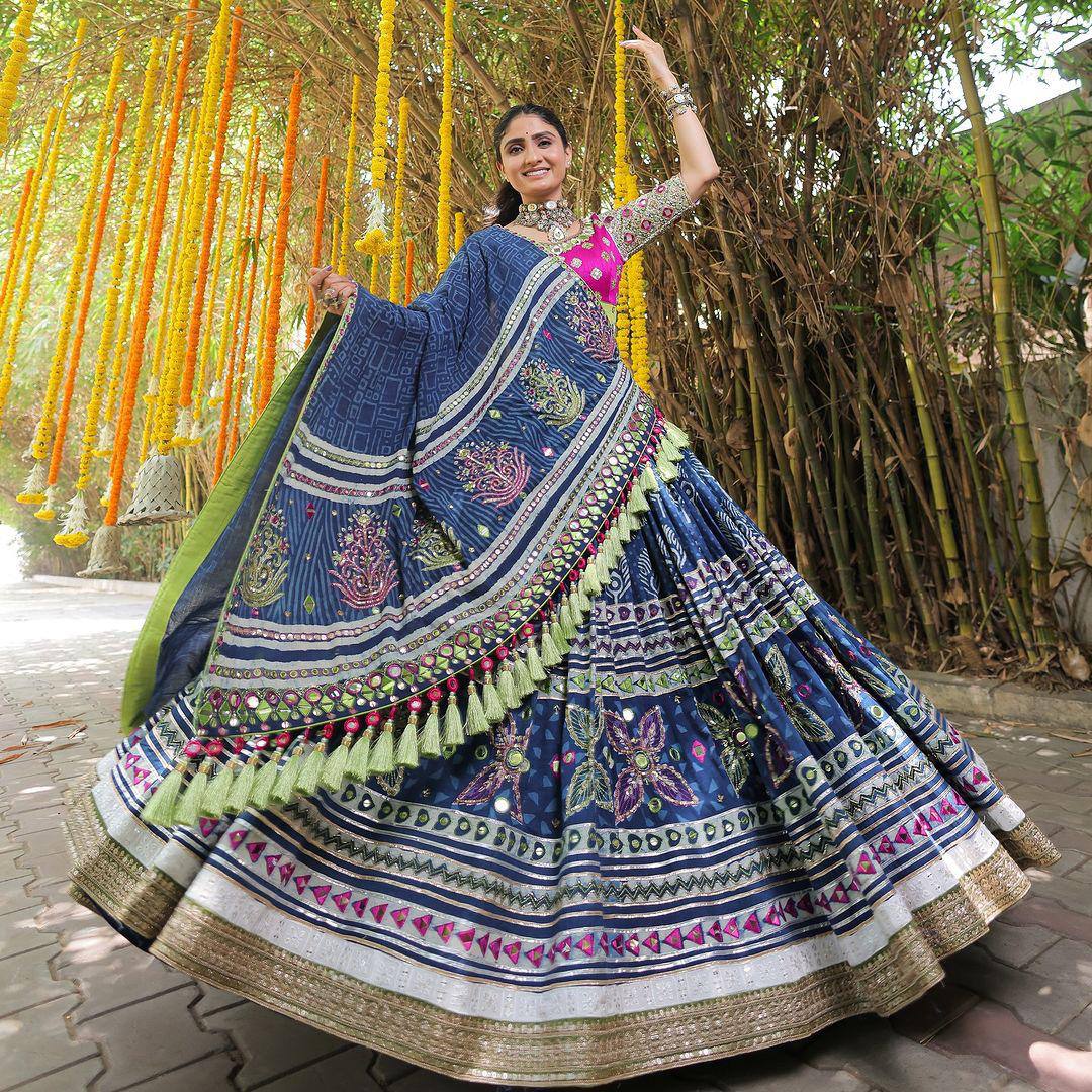 Bold Indigo Lehenga Set with Geometric Print and Embroidery Highlights