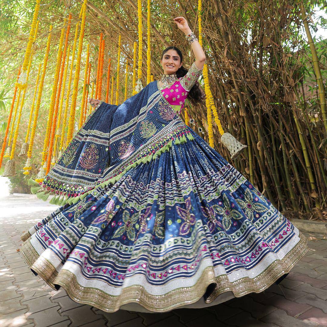 Bold Indigo Lehenga Set with Geometric Print and Embroidery Highlights