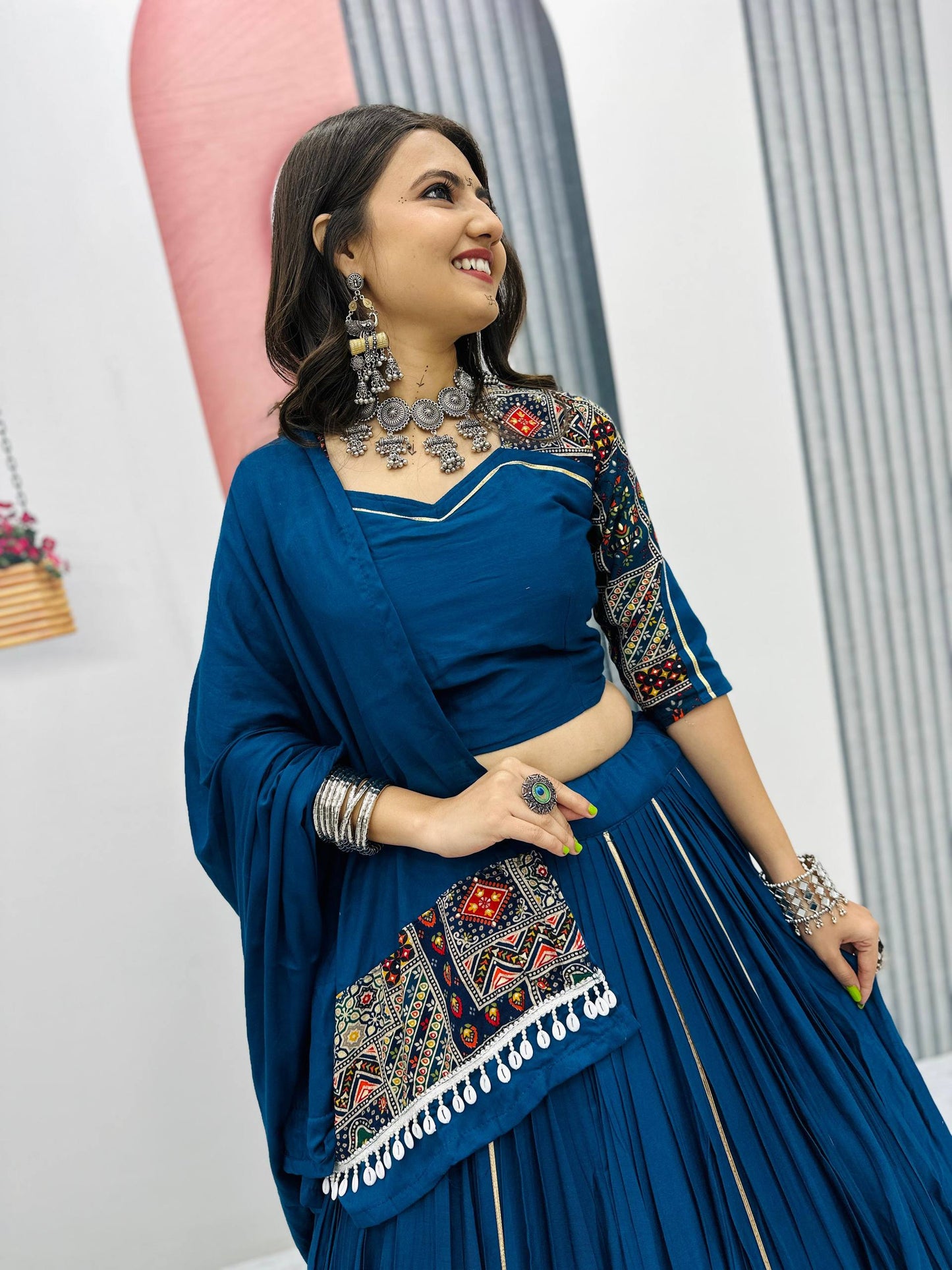 Traditional Lehenga Choli With Gamathi Work And Embroidery Detailing.