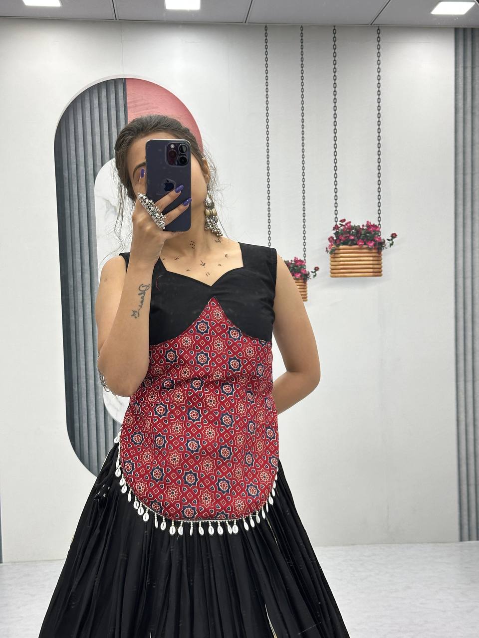 Black And Red Traditional Flared Lehenga With Printed Blouse.