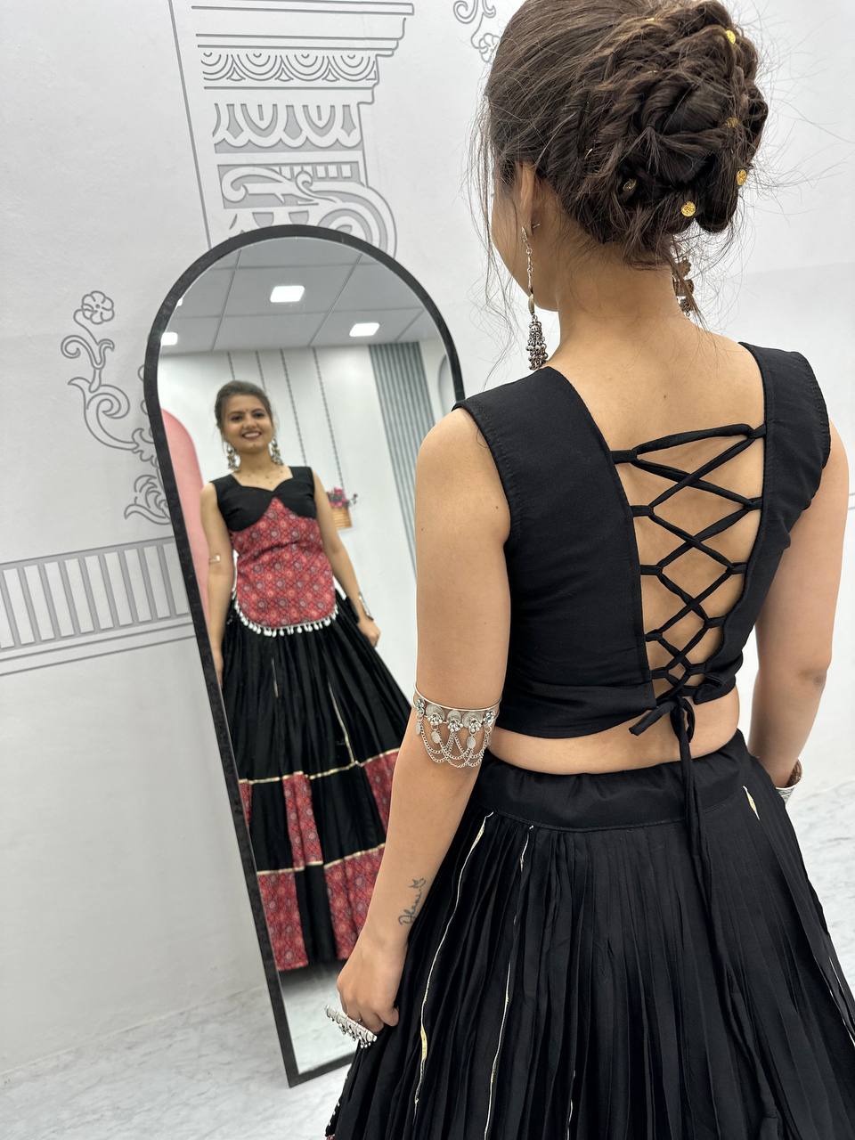 Black And Red Traditional Flared Lehenga With Printed Blouse.