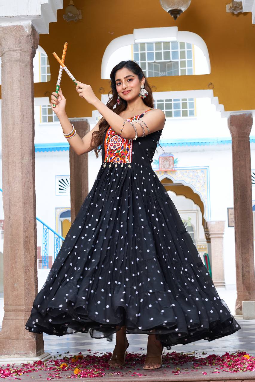Polka Dot Flared Dress With Embroidered Kutchi Yoke.