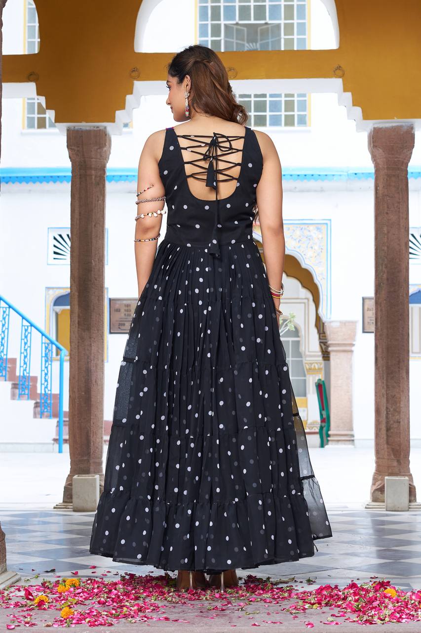 Polka Dot Flared Dress With Embroidered Kutchi Yoke.