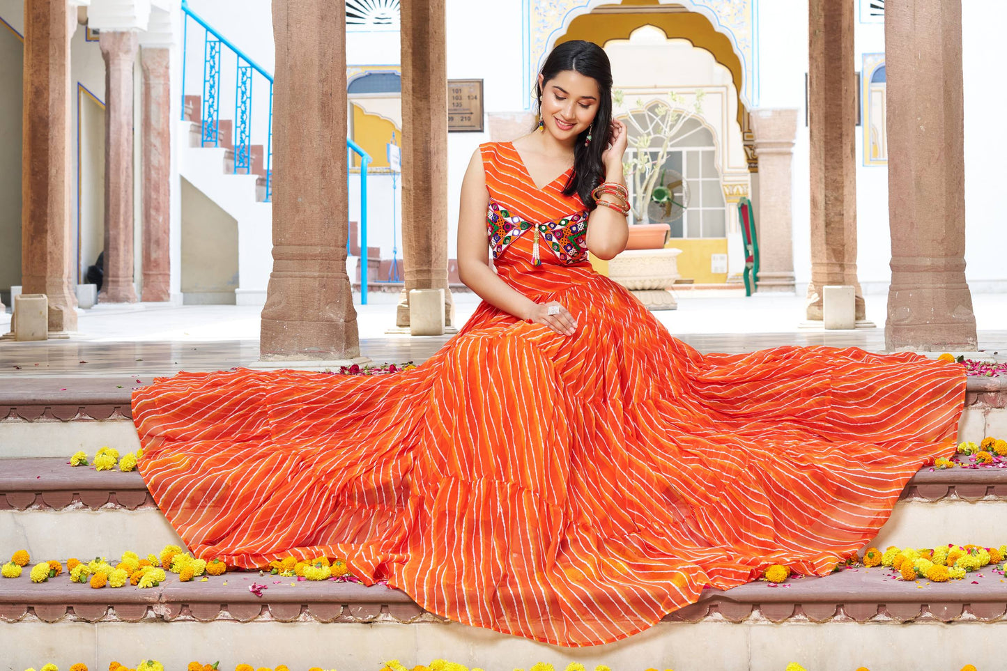 Polka Dot Flared Dress With Embroidered Kutchi Yoke.