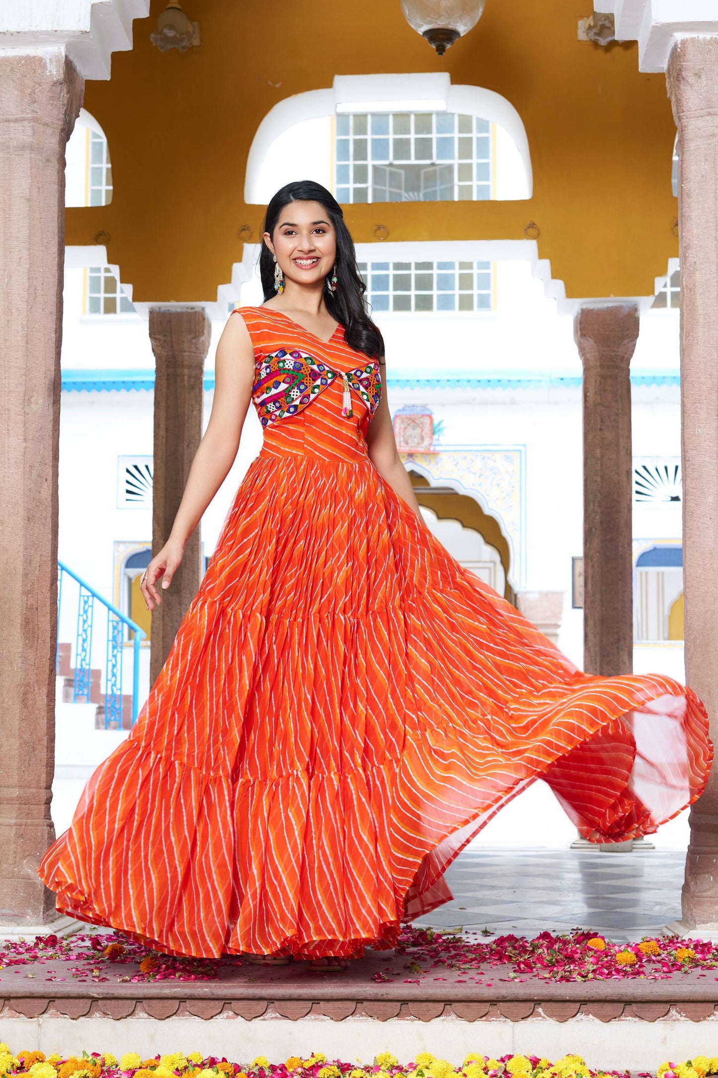 Polka Dot Flared Dress With Embroidered Kutchi Yoke.