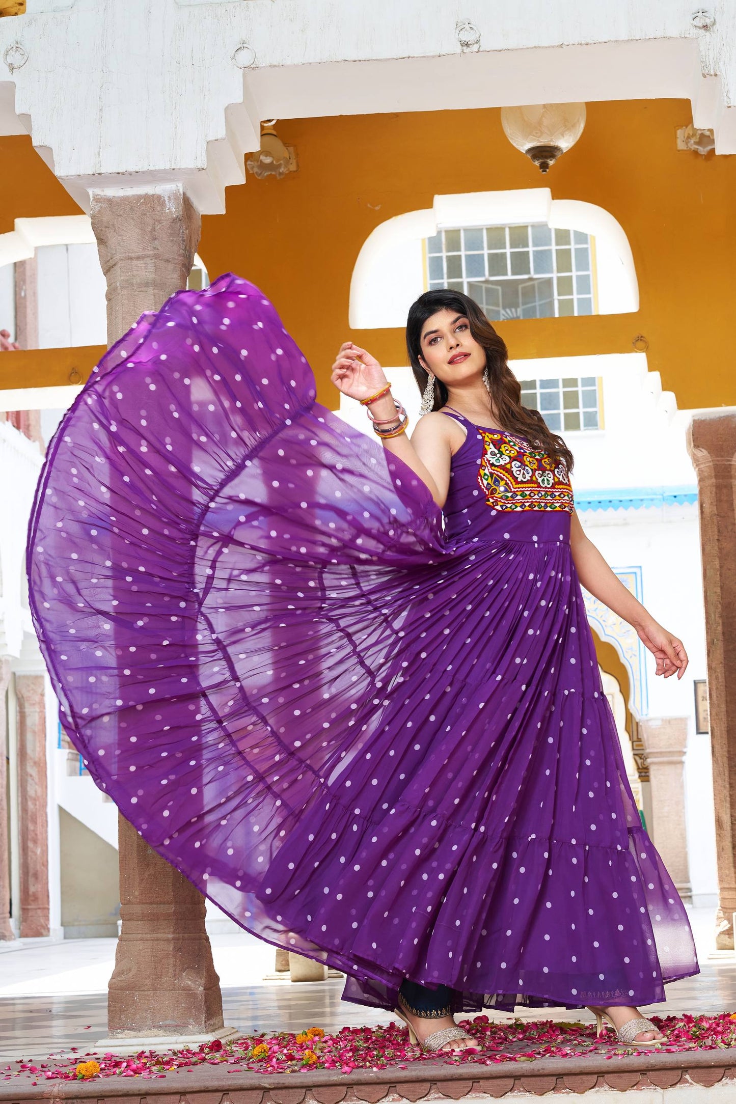 Polka Dot Flared Dress With Embroidered Kutchi Yoke.