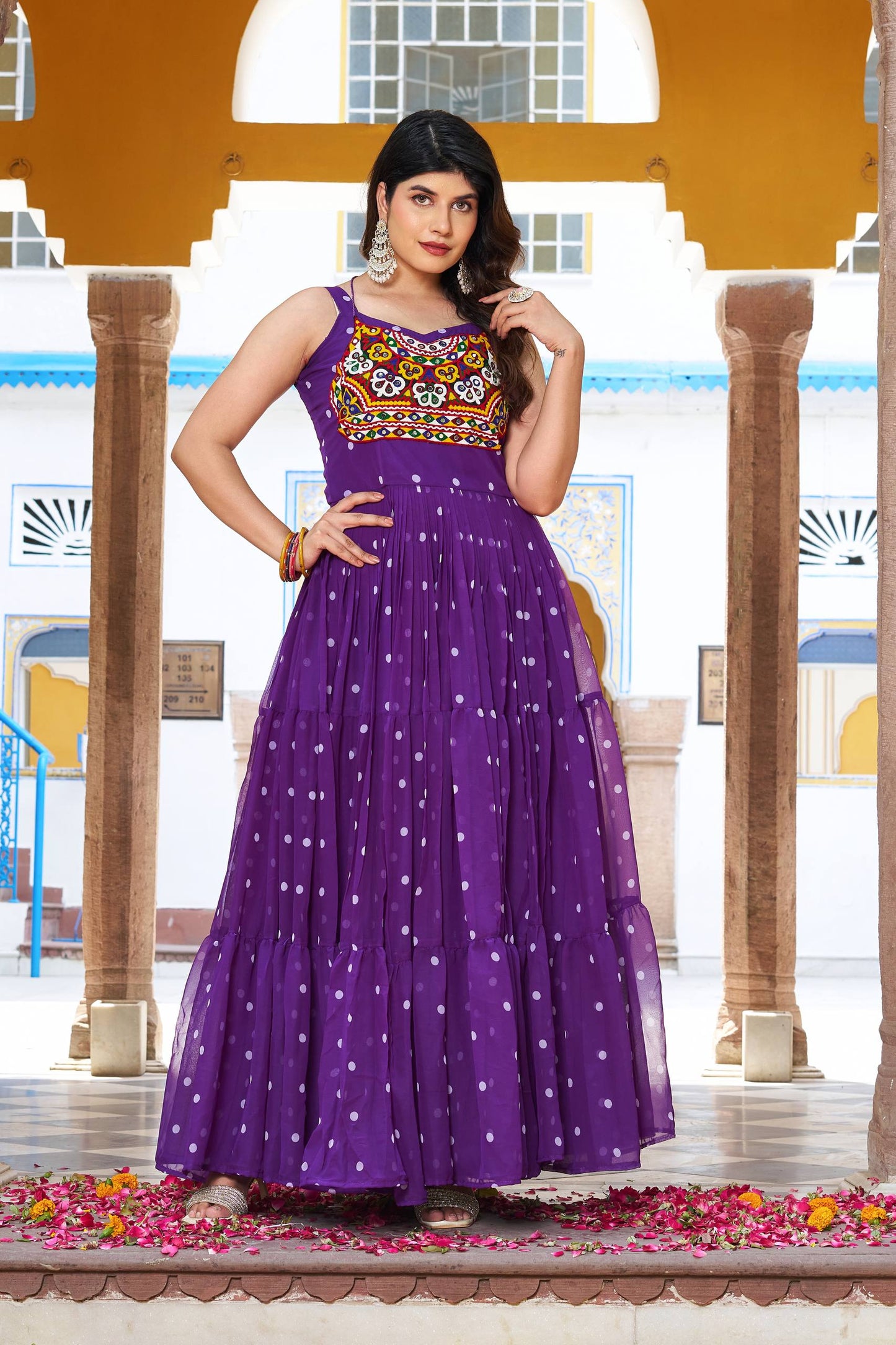 Polka Dot Flared Dress With Embroidered Kutchi Yoke.