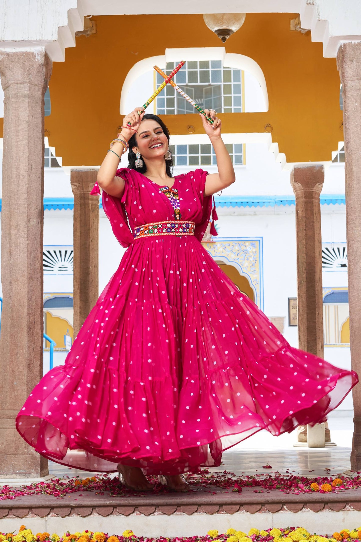 Polka Dot Flared Dress With Embroidered Kutchi Yoke.