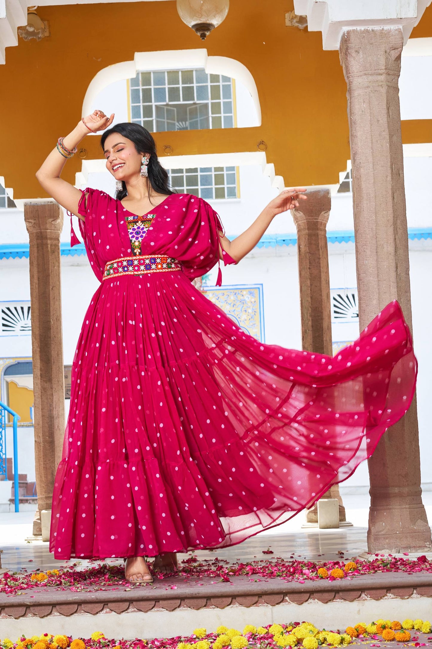 Polka Dot Flared Dress With Embroidered Kutchi Yoke.