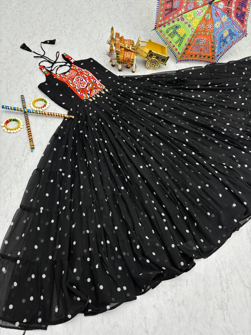 Polka Dot Flared Dress With Embroidered Kutchi Yoke.