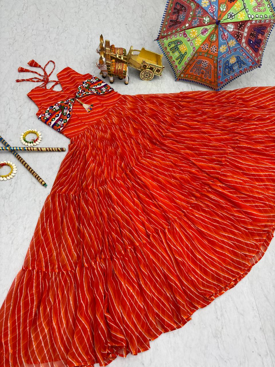 Polka Dot Flared Dress With Embroidered Kutchi Yoke.