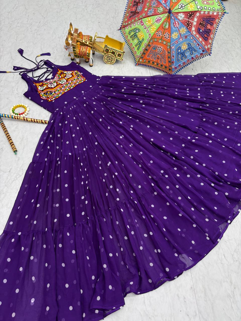 Polka Dot Flared Dress With Embroidered Kutchi Yoke.