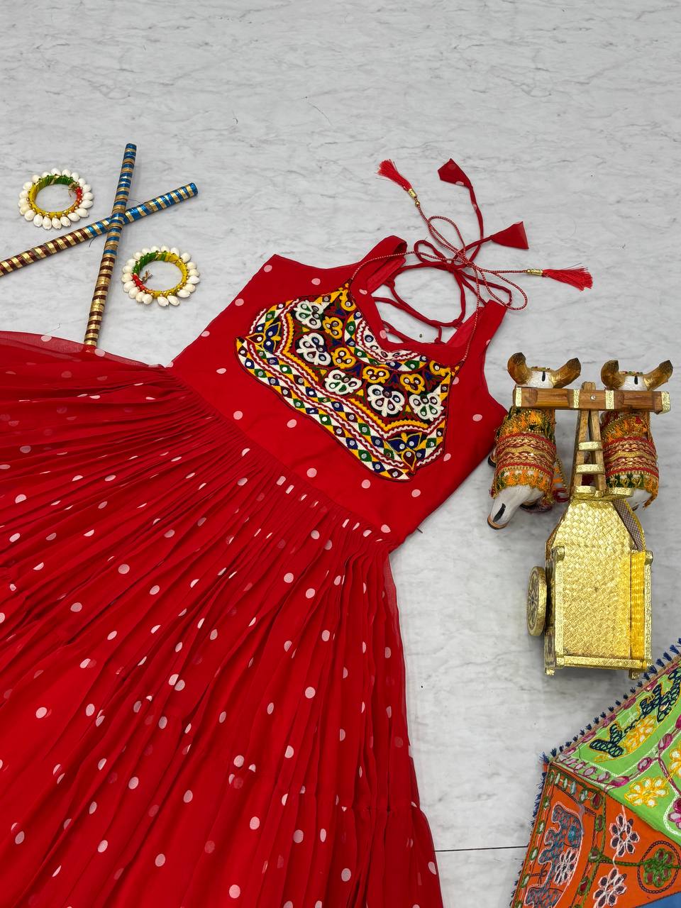 Polka Dot Flared Dress With Embroidered Kutchi Yoke.