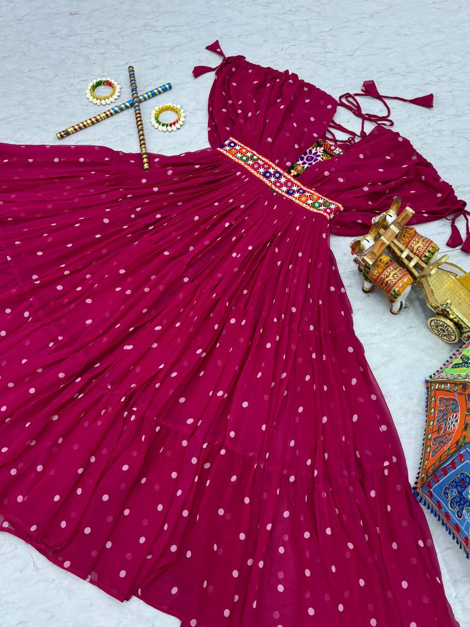 Polka Dot Flared Dress With Embroidered Kutchi Yoke.