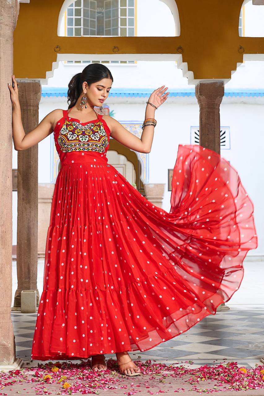 Polka Dot Flared Dress With Embroidered Kutchi Yoke.