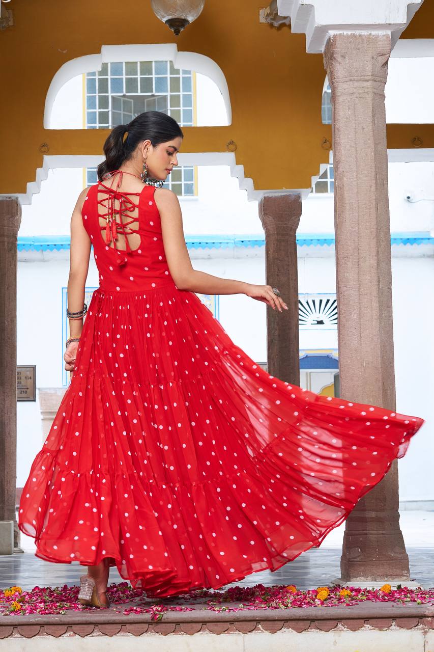 Polka Dot Flared Dress With Embroidered Kutchi Yoke.