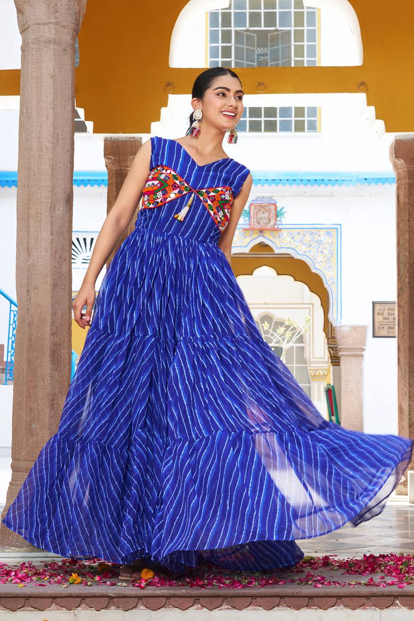 Polka Dot Flared Dress With Embroidered Kutchi Yoke.