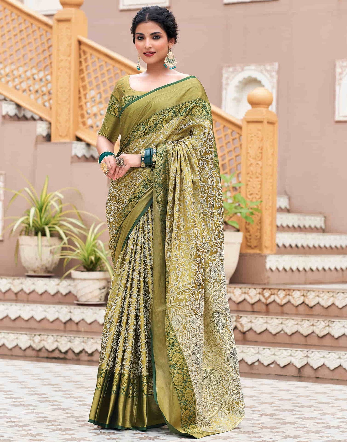 Elegant Olive Green Floral Print Silk Saree with Contrast Border