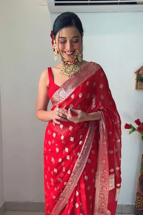 Traditional Red Banarasi Silk Saree with Gold Zari Buti Work