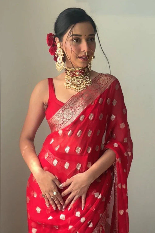 Traditional Red Banarasi Silk Saree with Gold Zari Buti Work