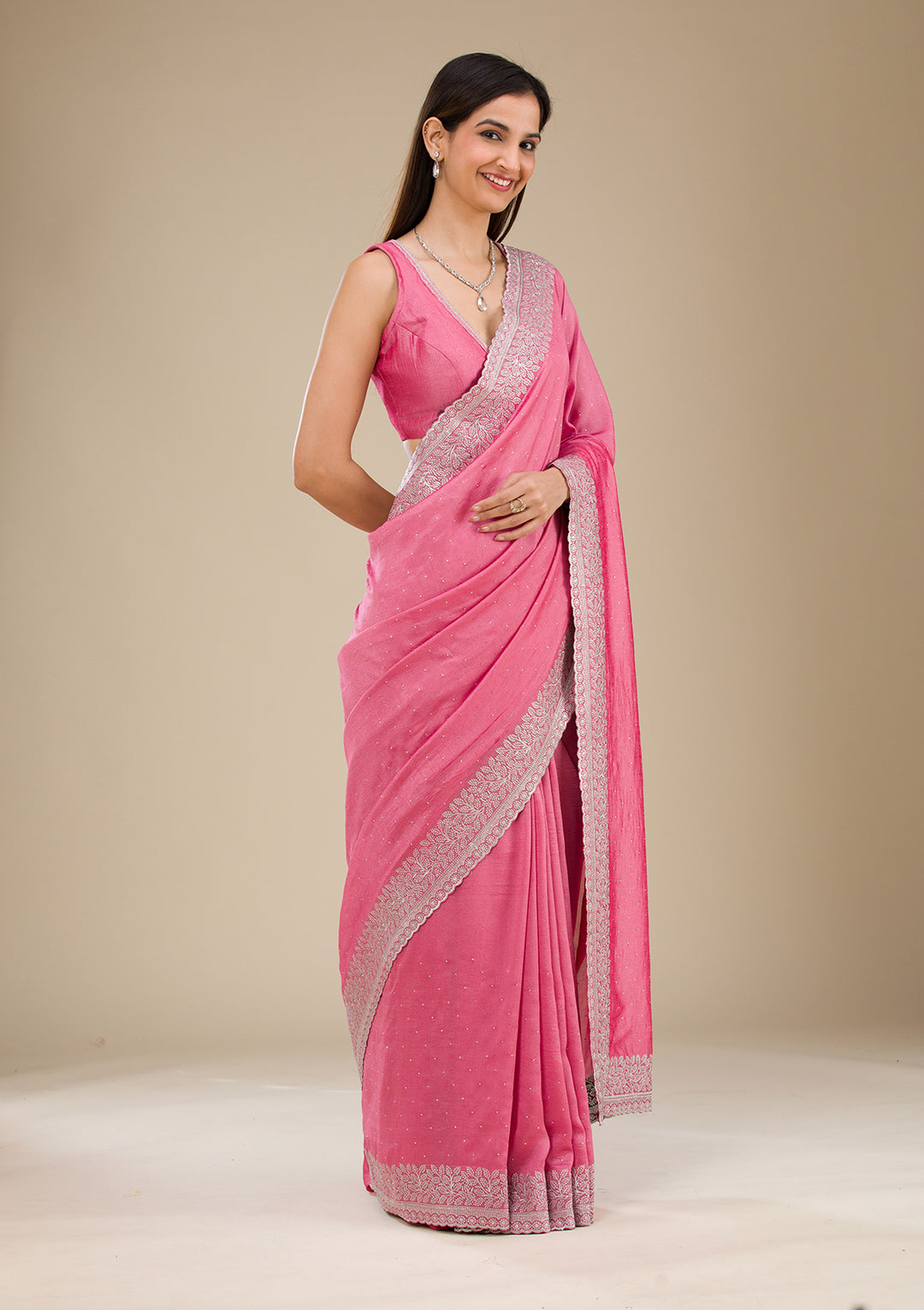 Elegant Rose Pink Hand-Embroidered Silk Saree with Silver Zari Border