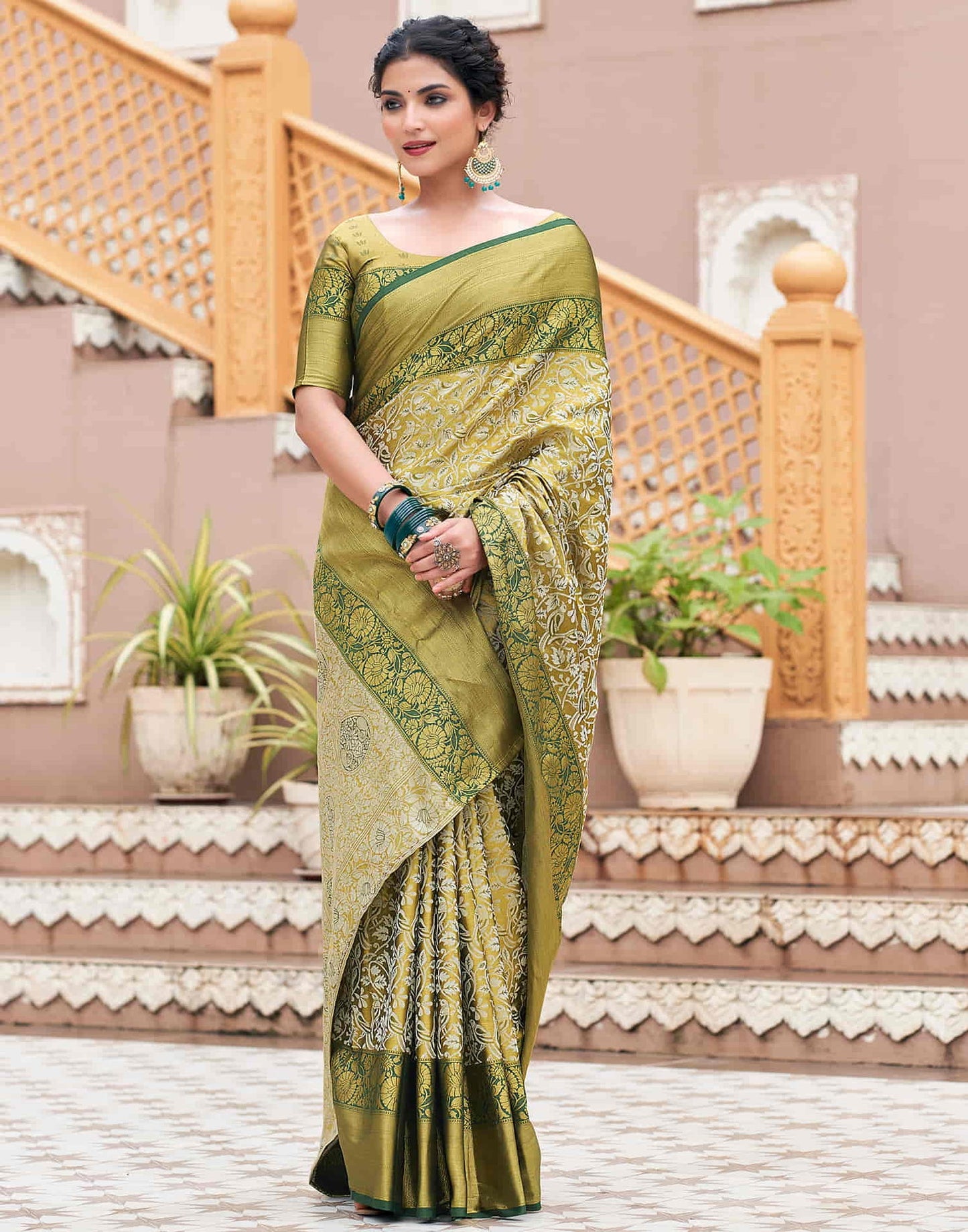Elegant Olive Green Floral Print Silk Saree with Contrast Border