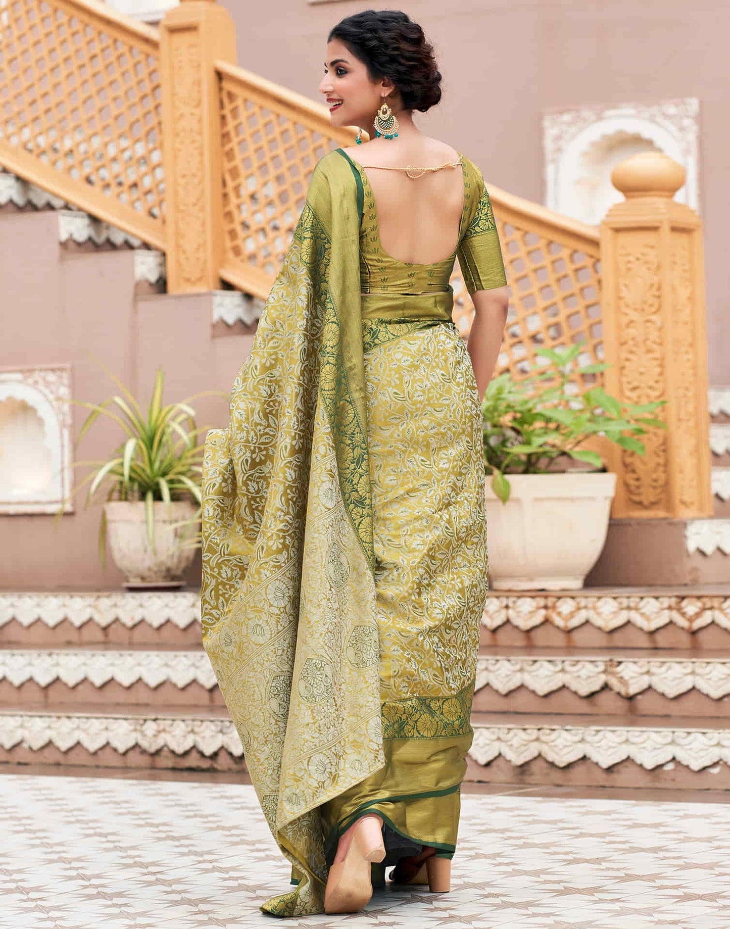 Elegant Olive Green Floral Print Silk Saree with Contrast Border