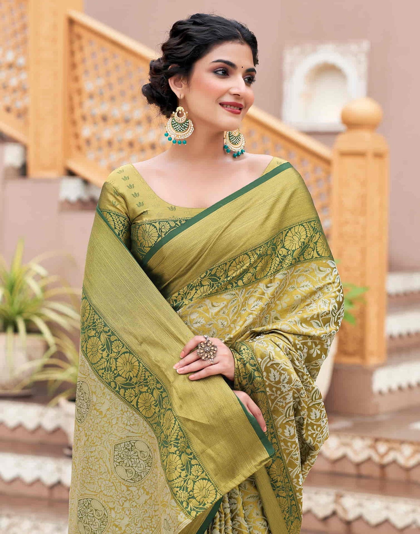 Elegant Olive Green Floral Print Silk Saree with Contrast Border