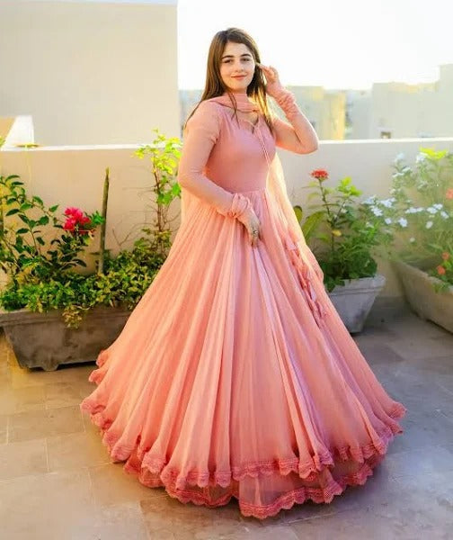 Solid Long Flair Double Layered Anarkali With Dupatta