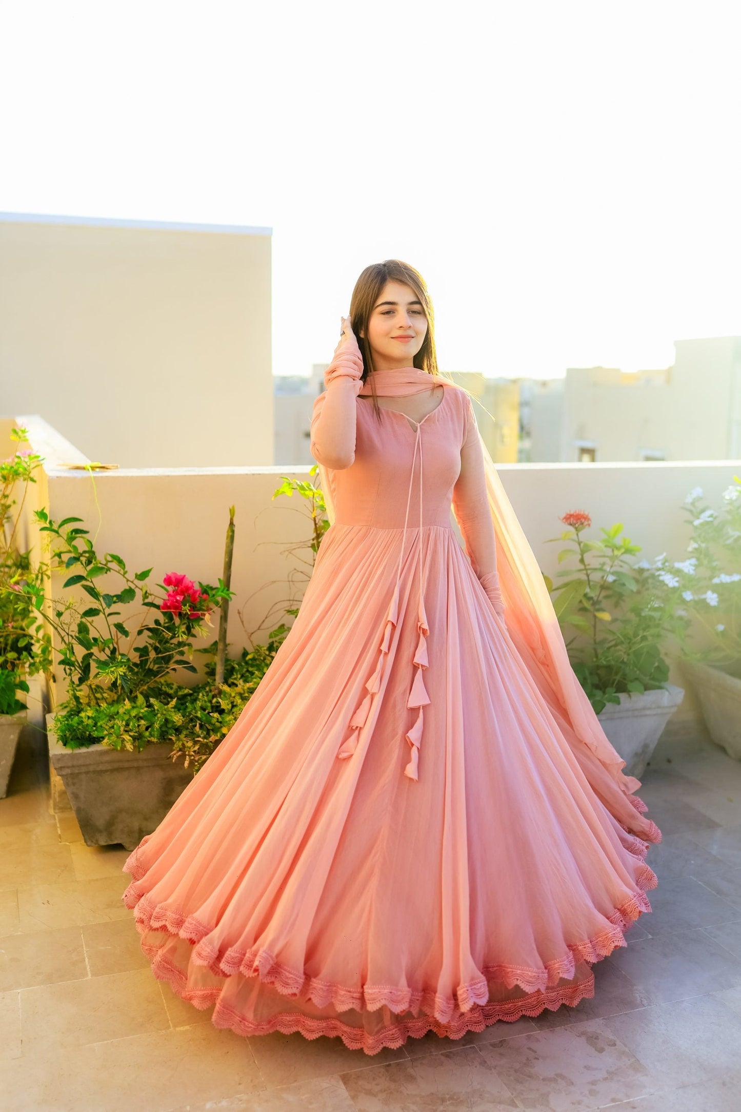 Solid Long Flair Double Layered Anarkali With Dupatta