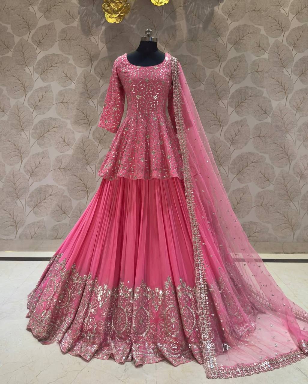 Elegant Pink Peplum Lehenga with Sequin Embroidery and Dupatta