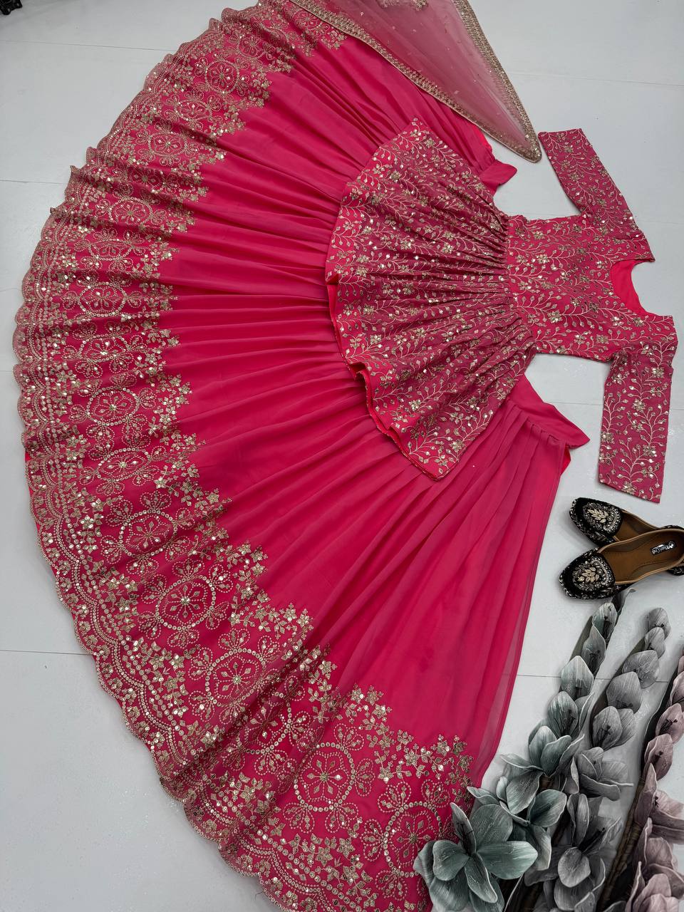 Elegant Pink Peplum Lehenga with Sequin Embroidery and Dupatta