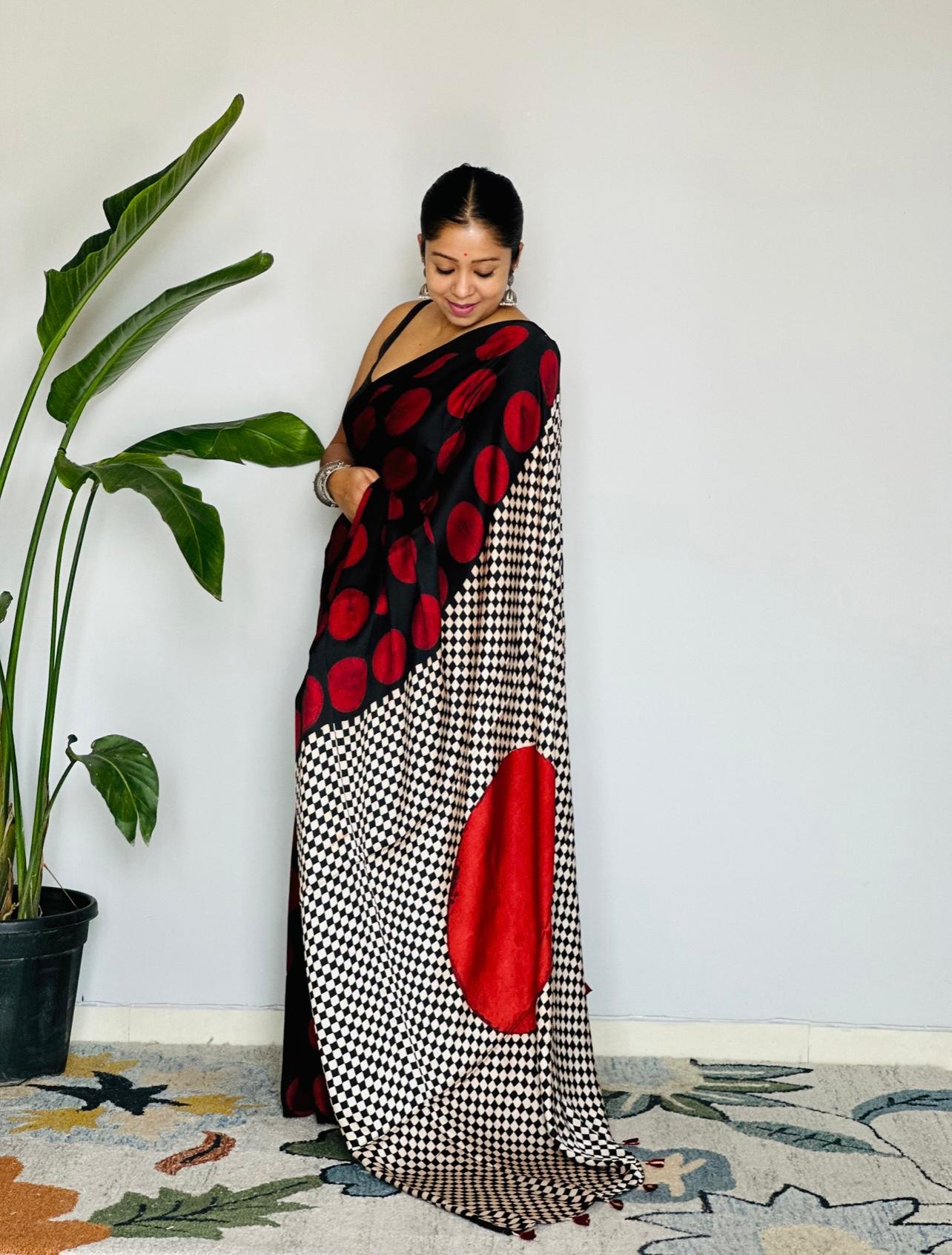 Polka Dot Saree with Geometric Border and Elegance