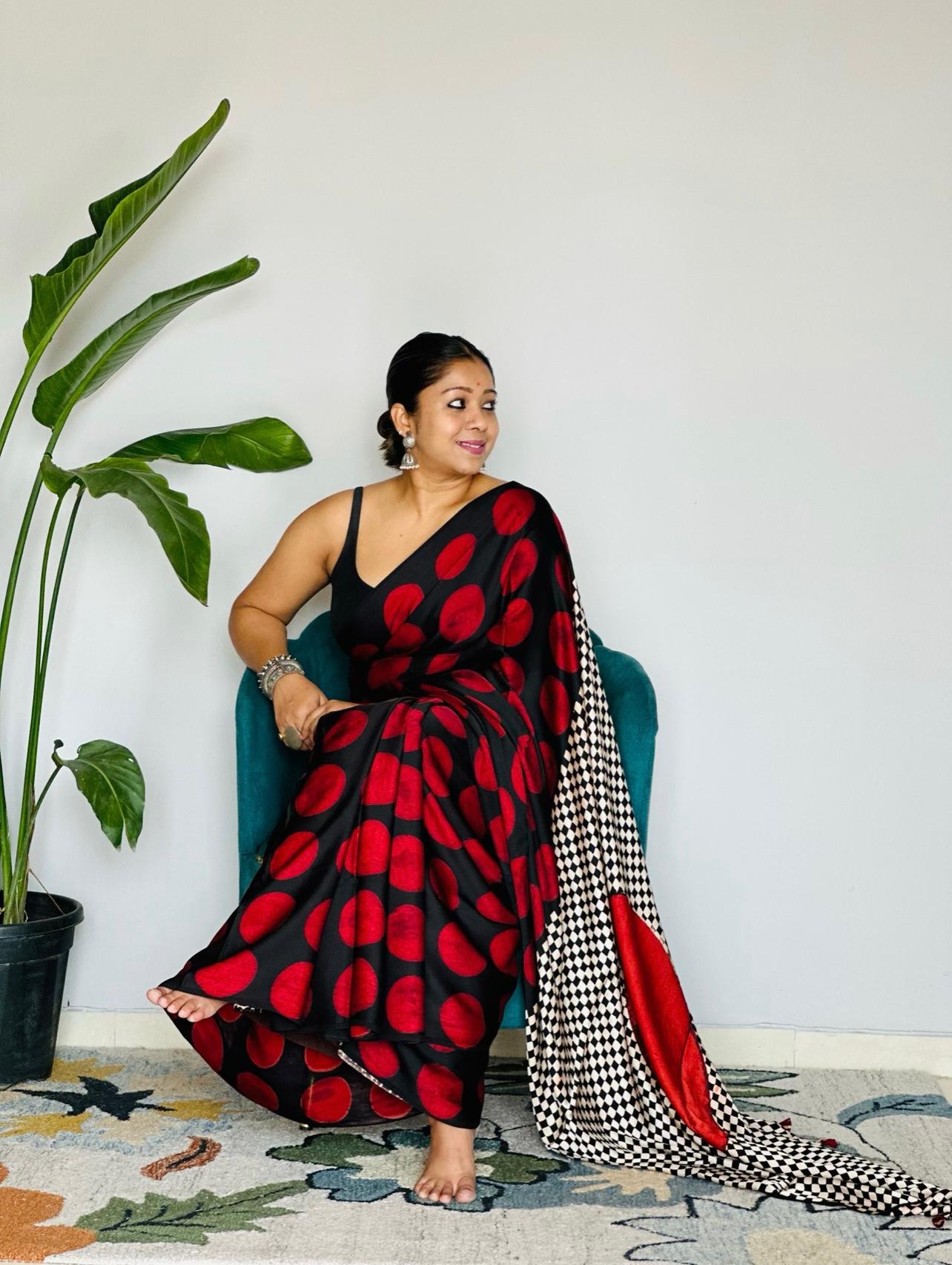Polka Dot Saree with Geometric Border and Elegance