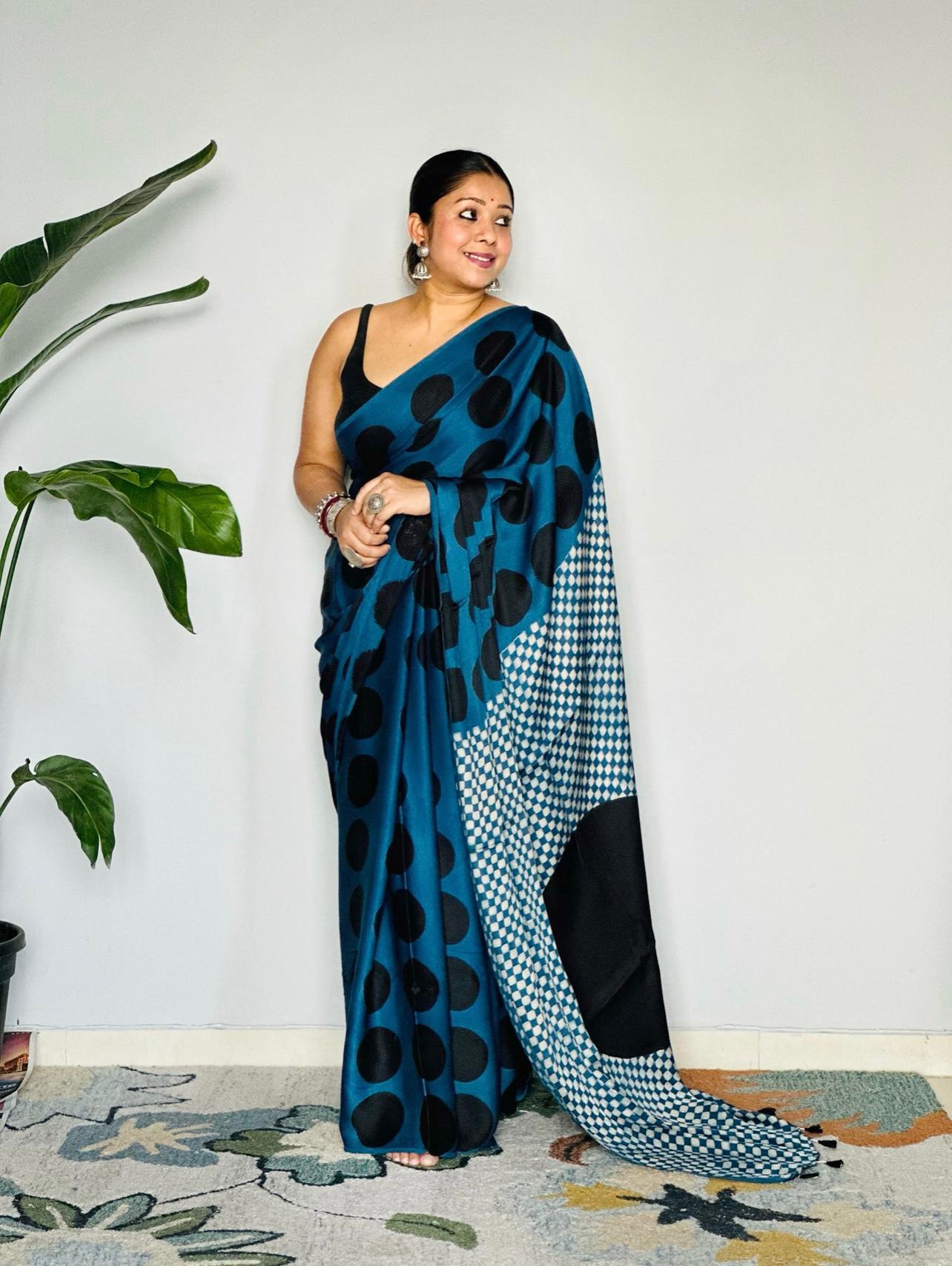 Polka Dot Saree with Geometric Border and Elegance