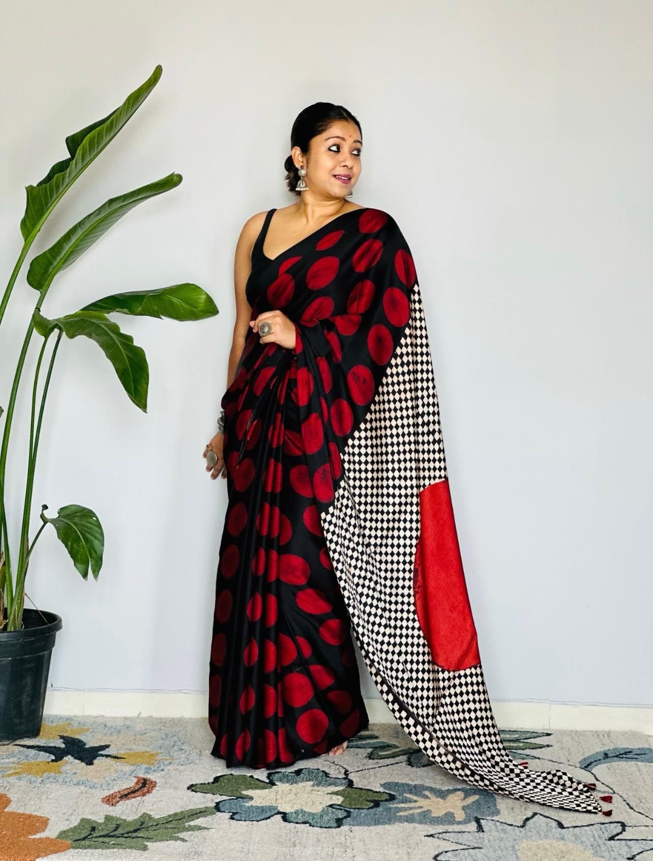 Polka Dot Saree with Geometric Border and Elegance