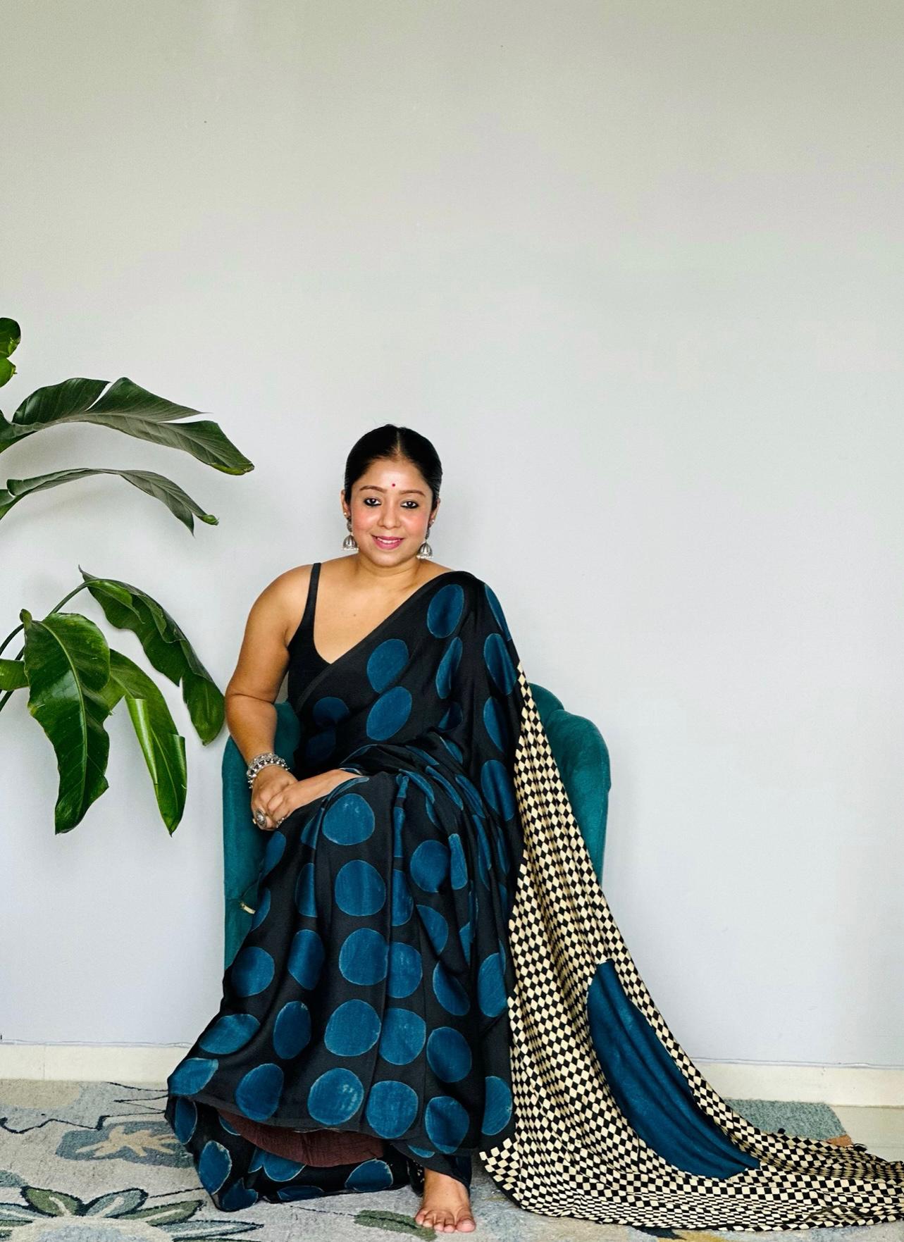 Polka Dot Saree with Geometric Border and Elegance