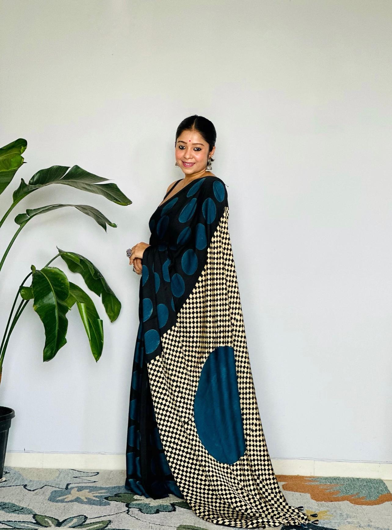 Polka Dot Saree with Geometric Border and Elegance