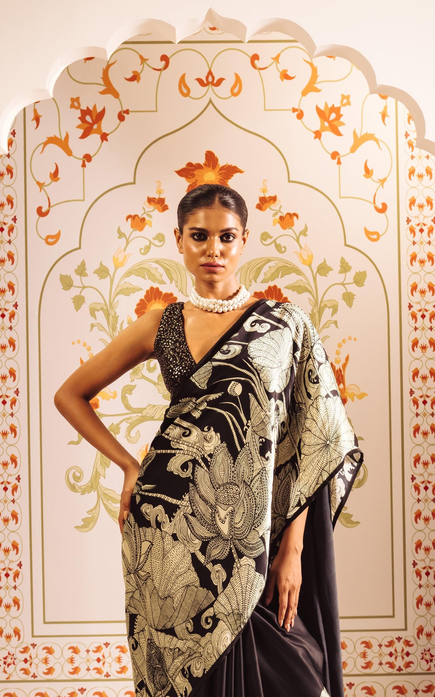 Elegant Ivory Saree with Black Floral Sketch Style Detailing