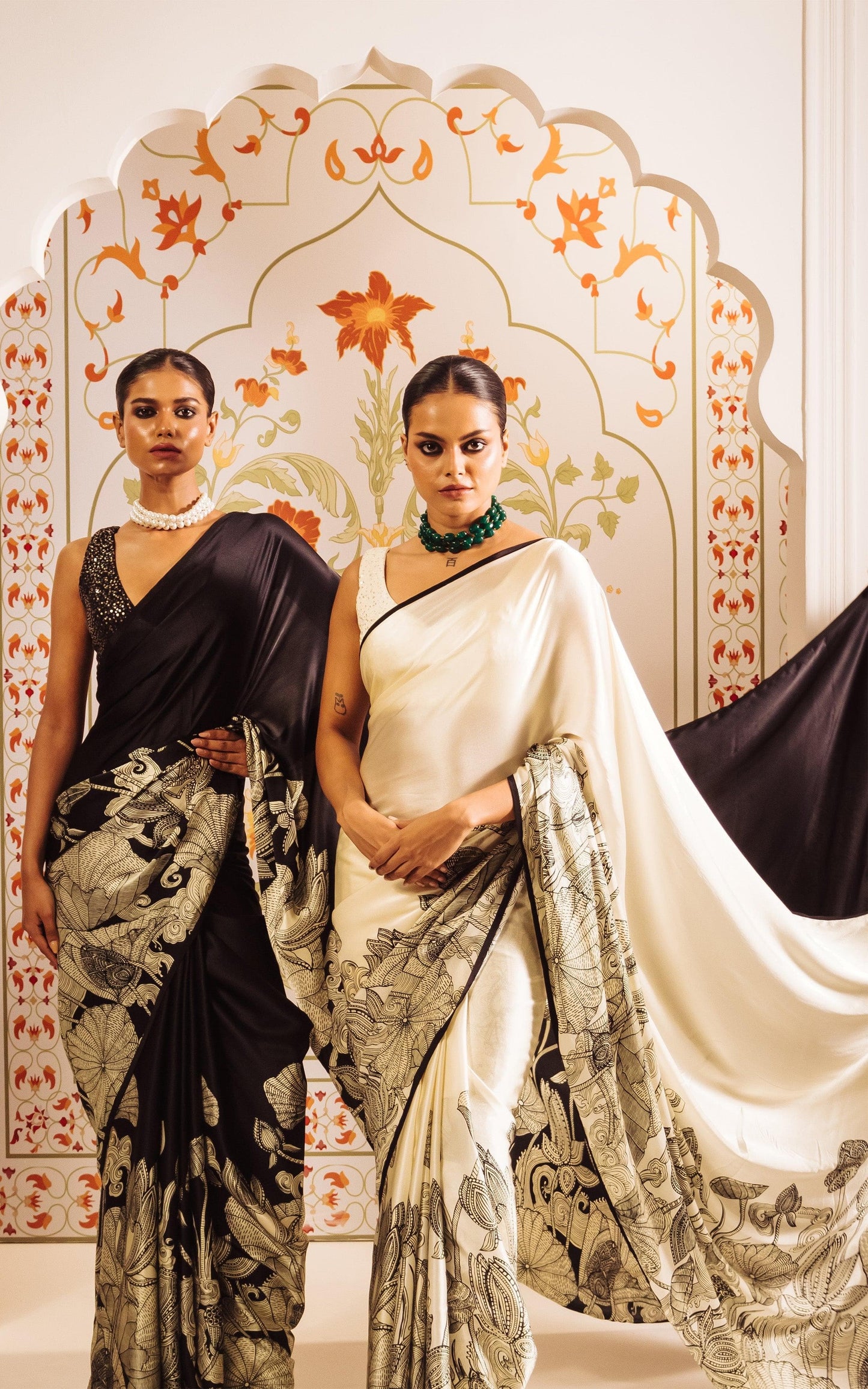 Elegant Ivory Saree with Black Floral Sketch Style Detailing