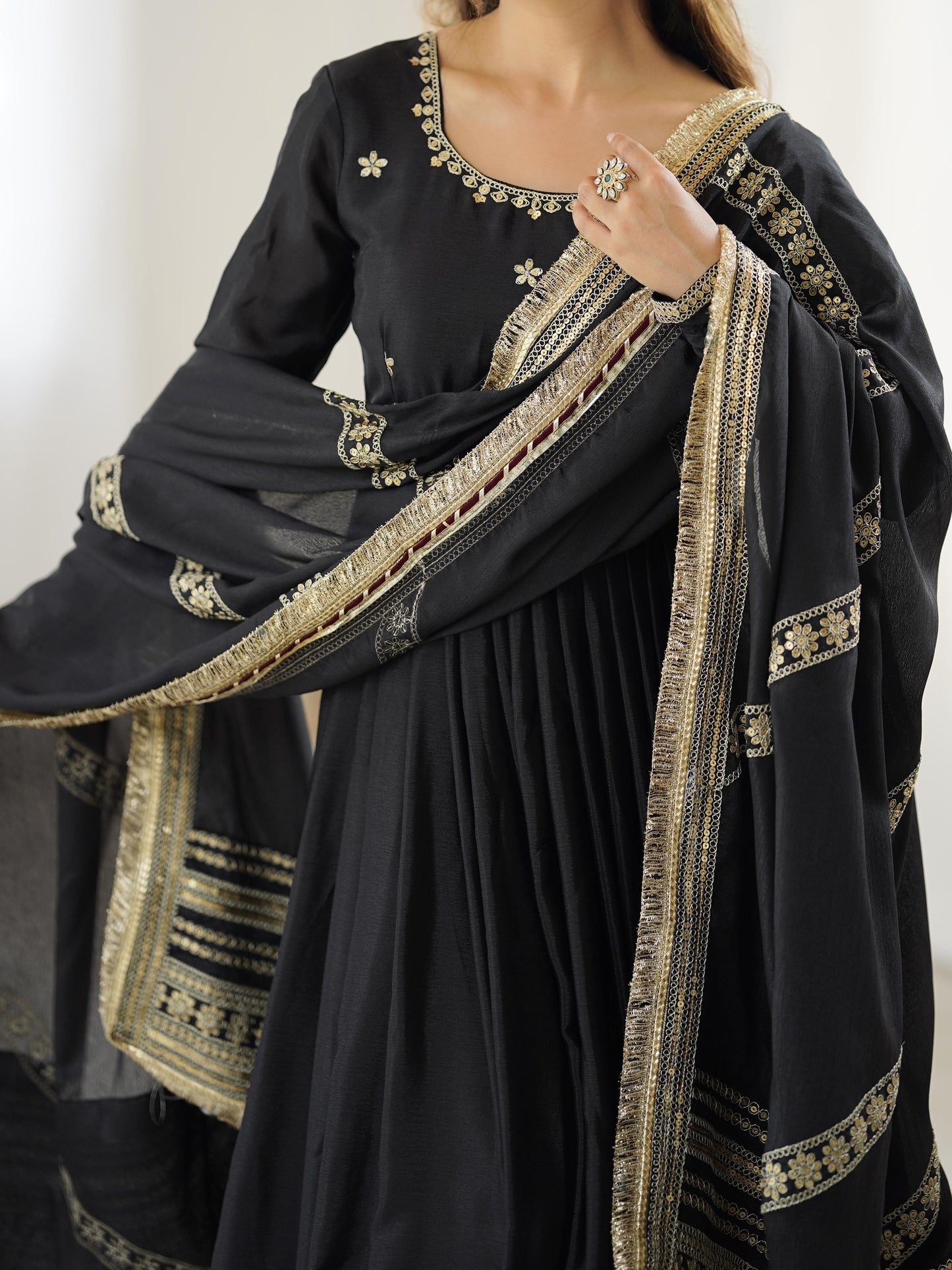 Elegant Anarkali With Golden Embroidery And Sheer Dupatta Charm