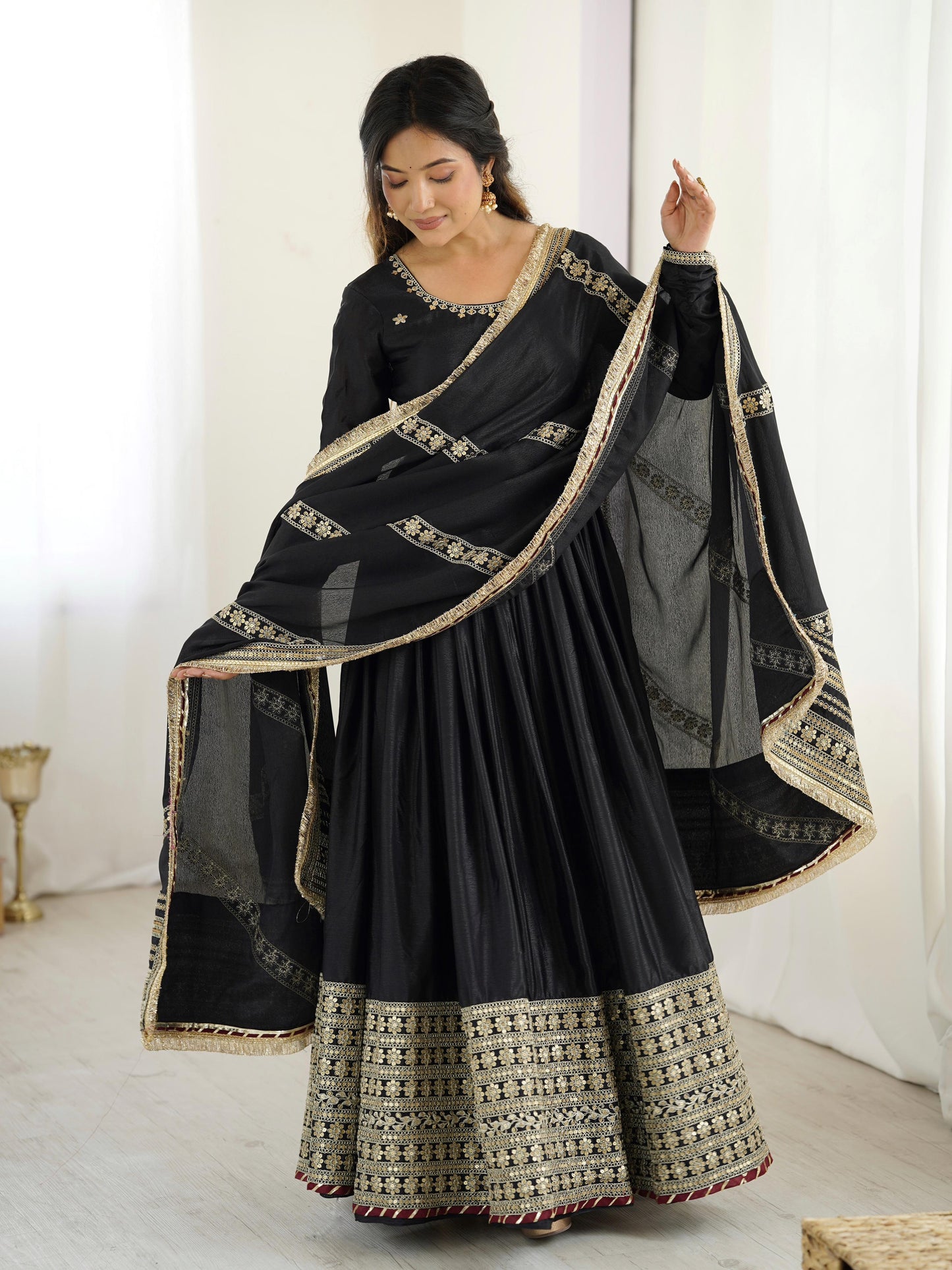 Elegant Anarkali With Golden Embroidery And Sheer Dupatta Charm