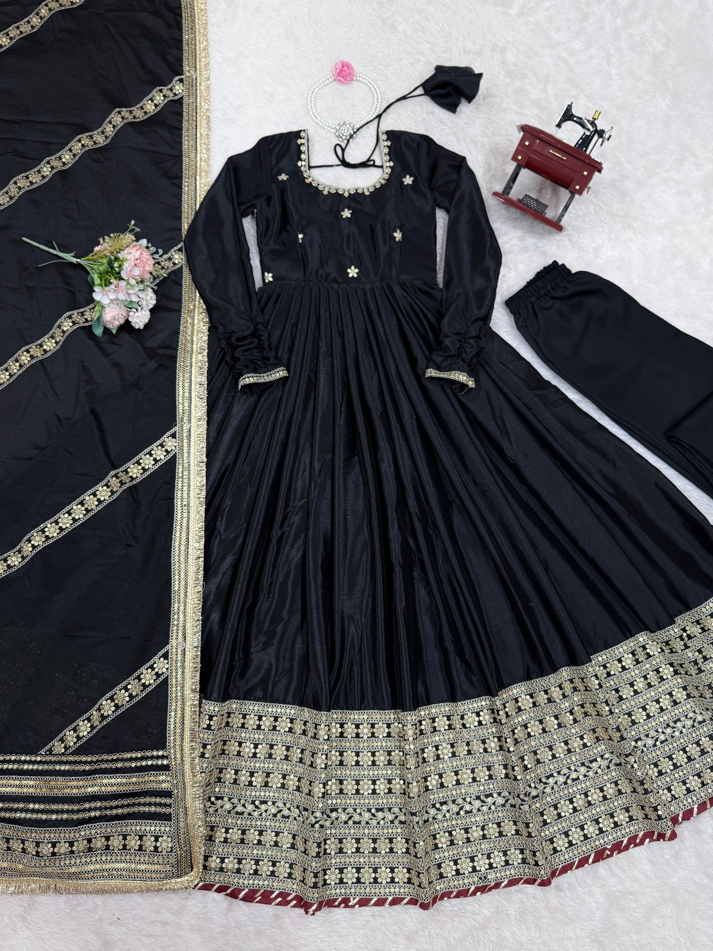 Elegant Anarkali With Golden Embroidery And Sheer Dupatta Charm