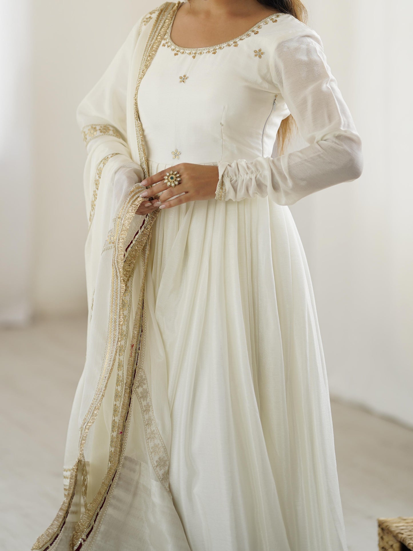 Elegant Anarkali With Golden Embroidery And Sheer Dupatta Charm